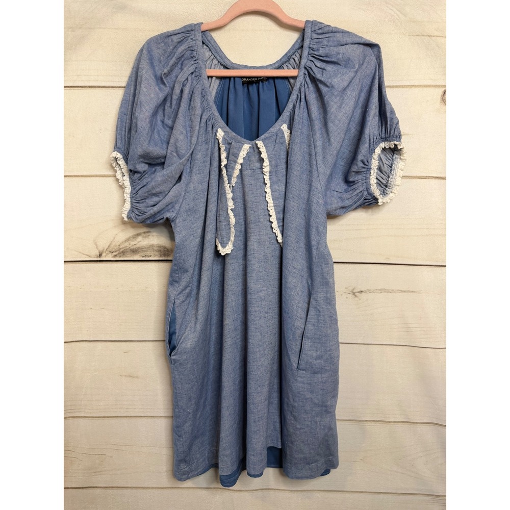 Pomander Place Blue Chambray Lace Trim Puff Sleeve Shift Dress Y22300T Small